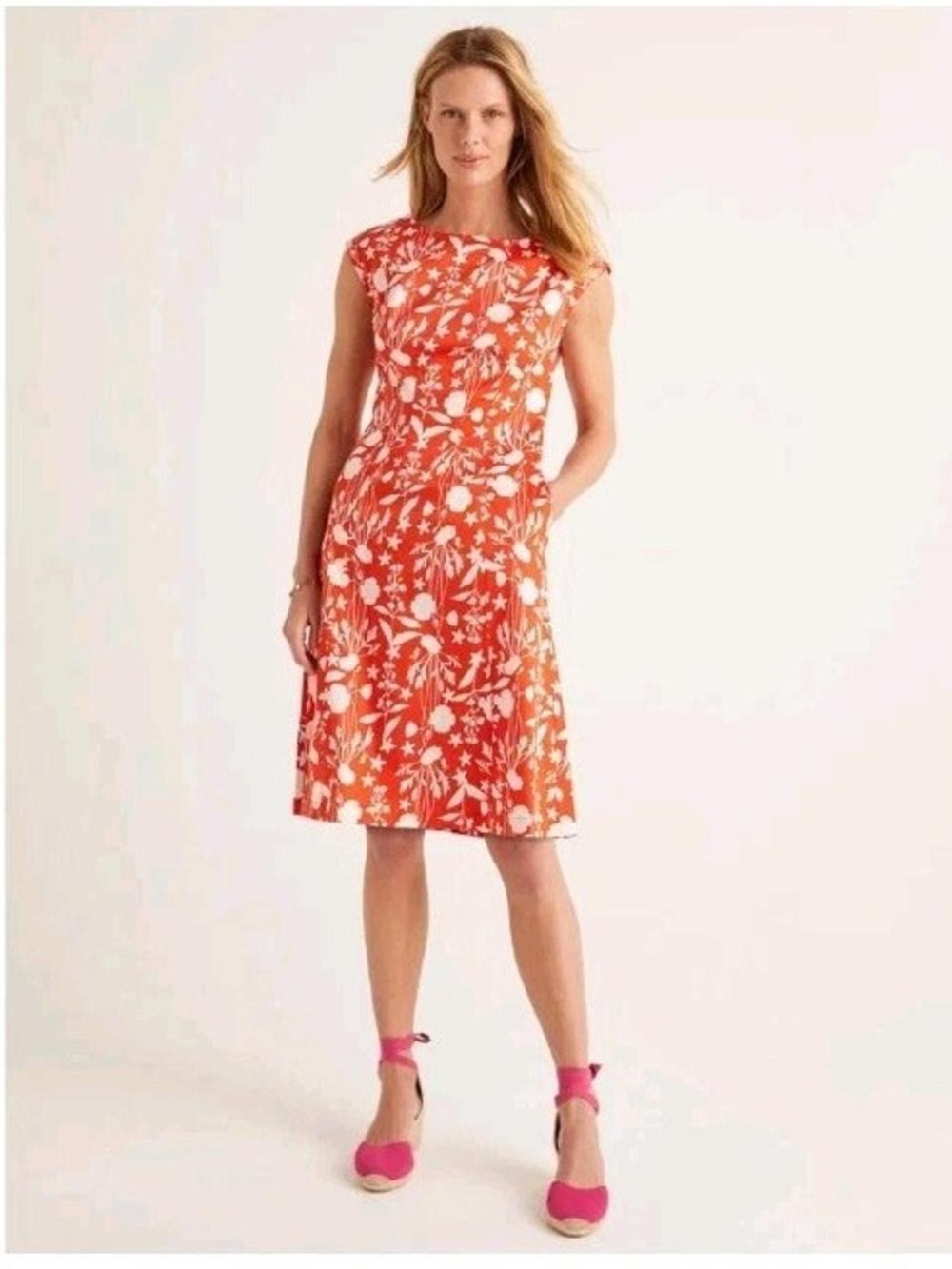 Boden Red Orange White Floral A-Line Dress